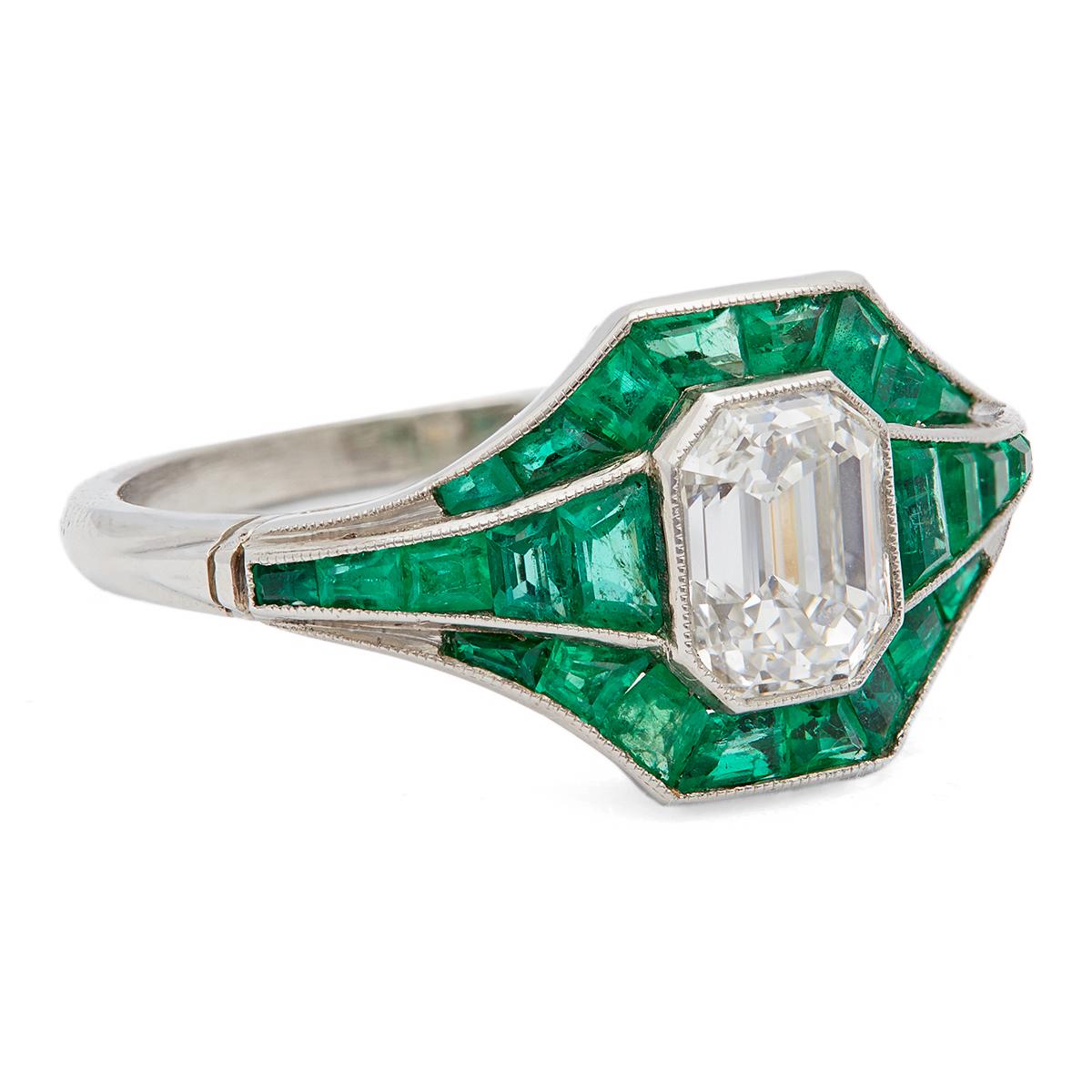 Art Deco Inspired 1.04 Carat Emerald Cut Diamond and Emerald Platinum Ring For Sale 1