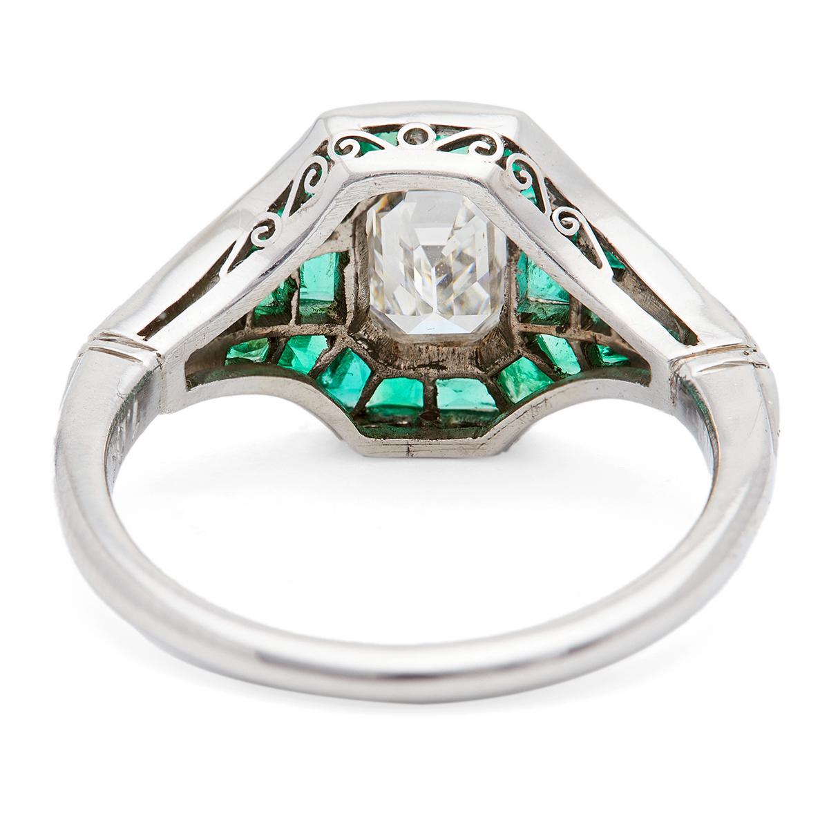 Art Deco Inspired 1.04 Carat Emerald Cut Diamond and Emerald Platinum Ring For Sale 2