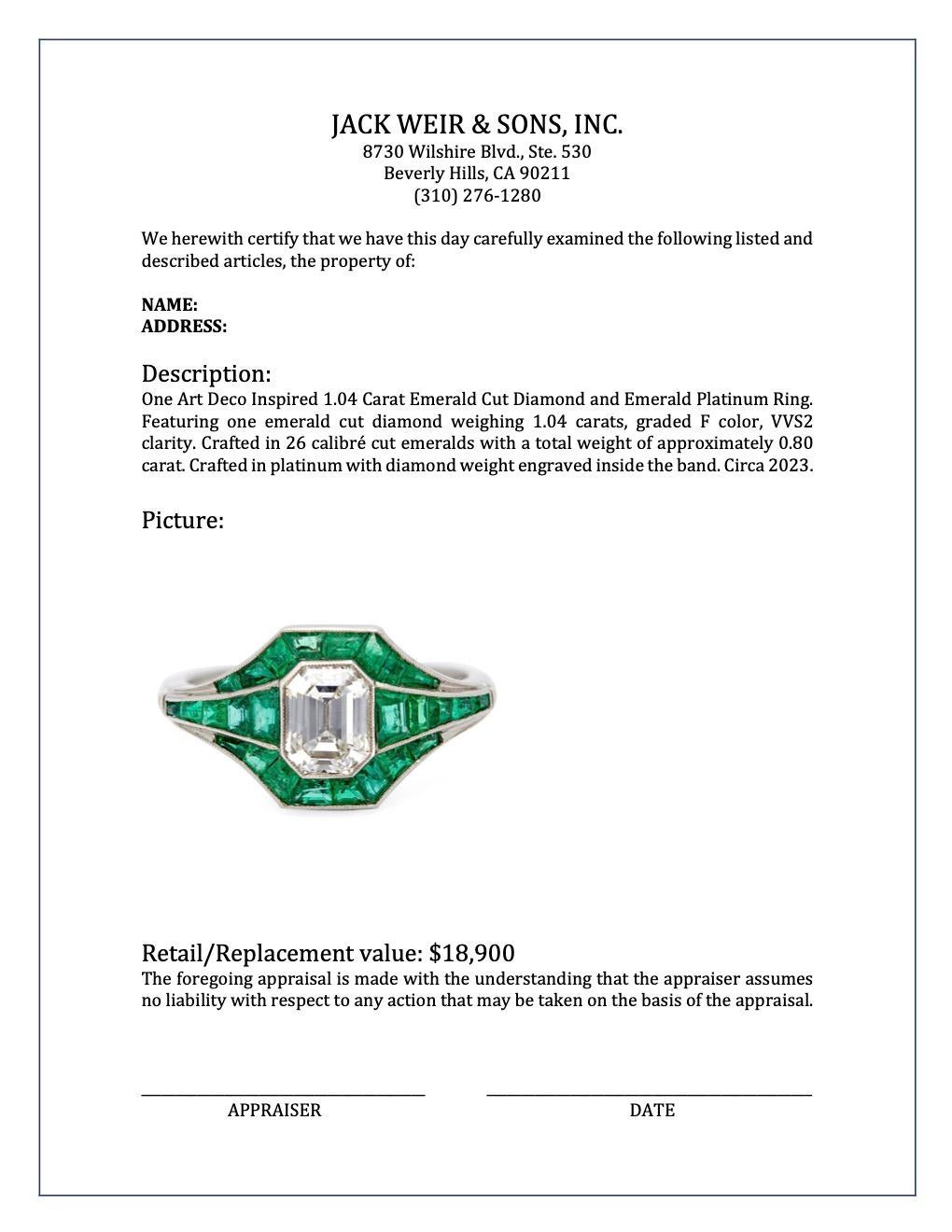 Art Deco Inspired 1.04 Carat Emerald Cut Diamond and Emerald Platinum Ring For Sale 3