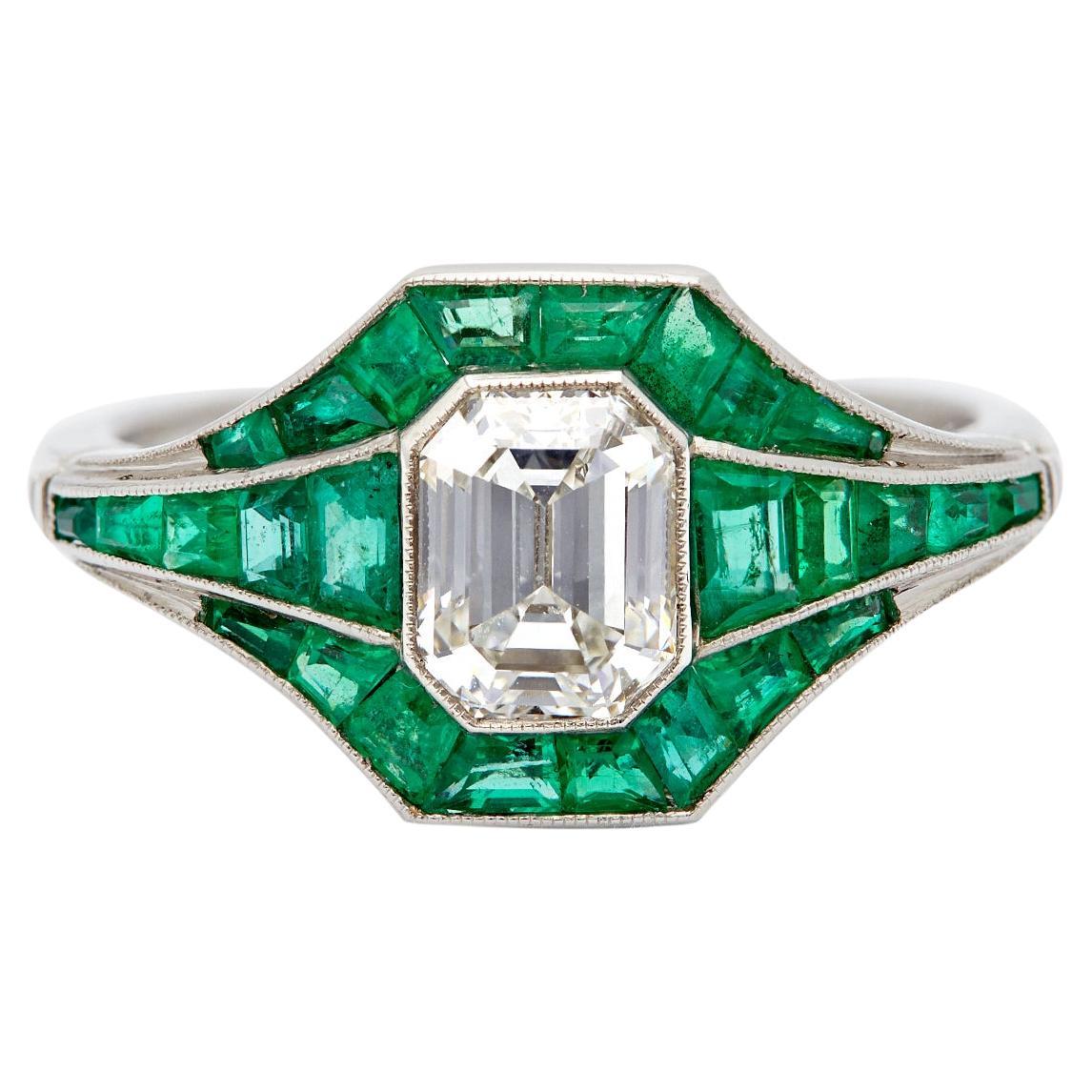 Art Deco Inspired 1.04 Carat Emerald Cut Diamond and Emerald Platinum Ring