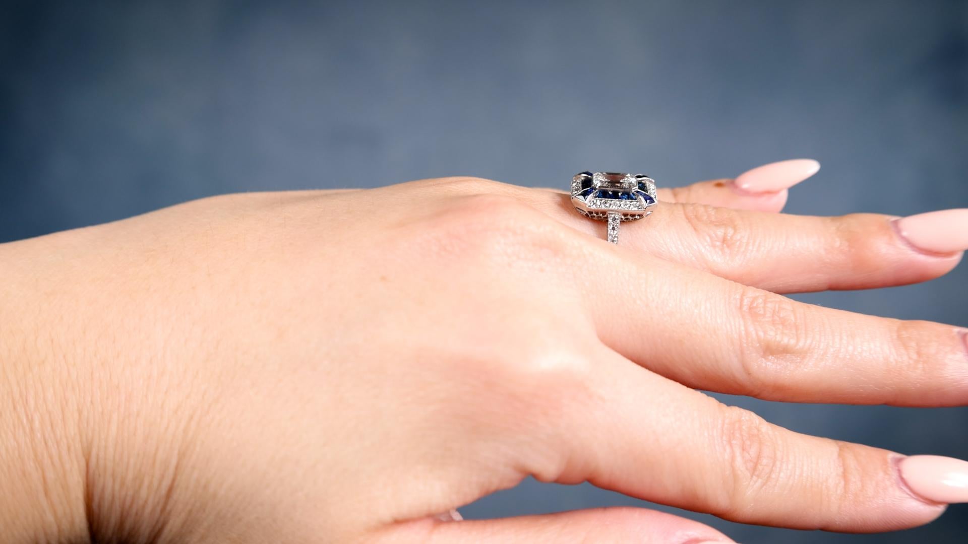 Women's or Men's Art Deco Inspired 1.06 Carat Emerald Cut Diamond Sapphire Platinum Ring For Sale