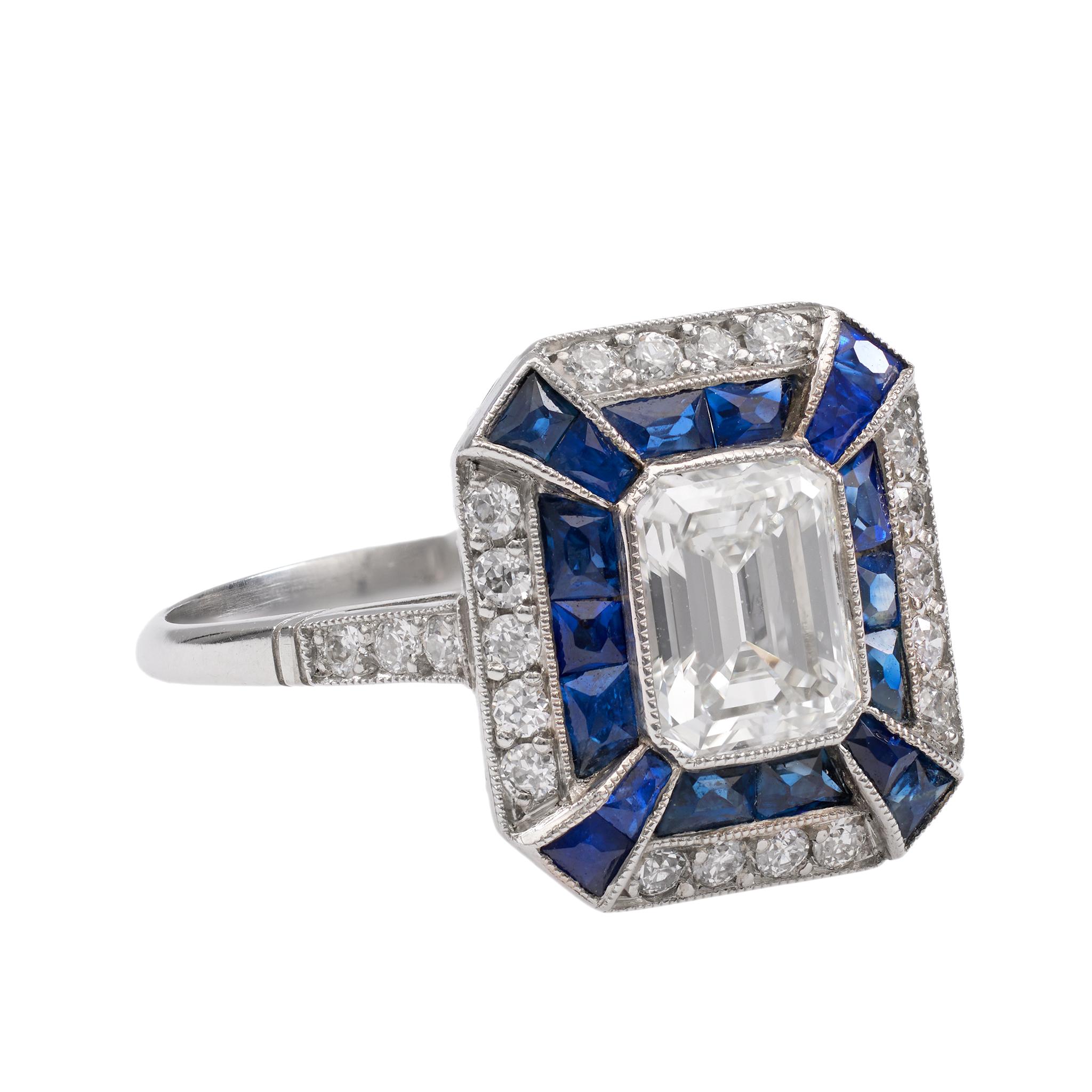 Art Deco Inspired 1.06 Carat Emerald Cut Diamond Sapphire Platinum Ring For Sale 1