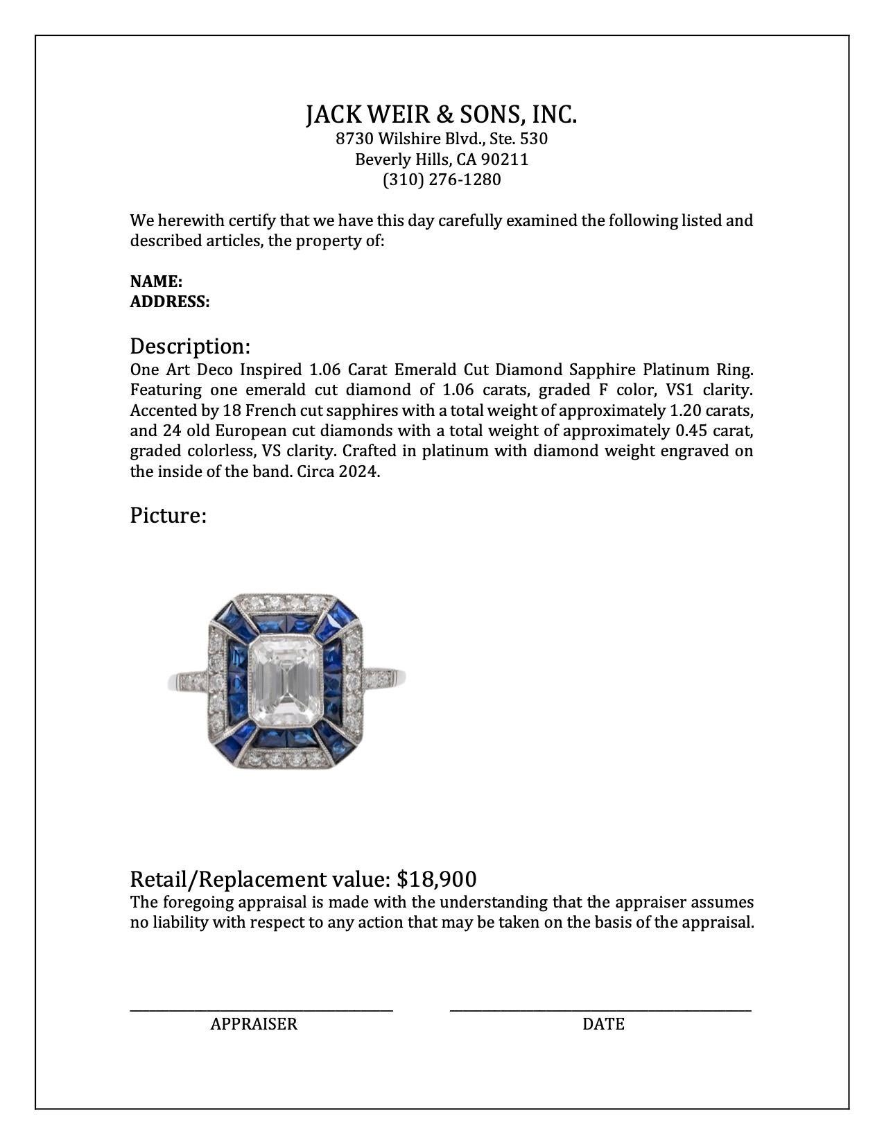 Art Deco Inspired 1.06 Carat Emerald Cut Diamond Sapphire Platinum Ring For Sale 3