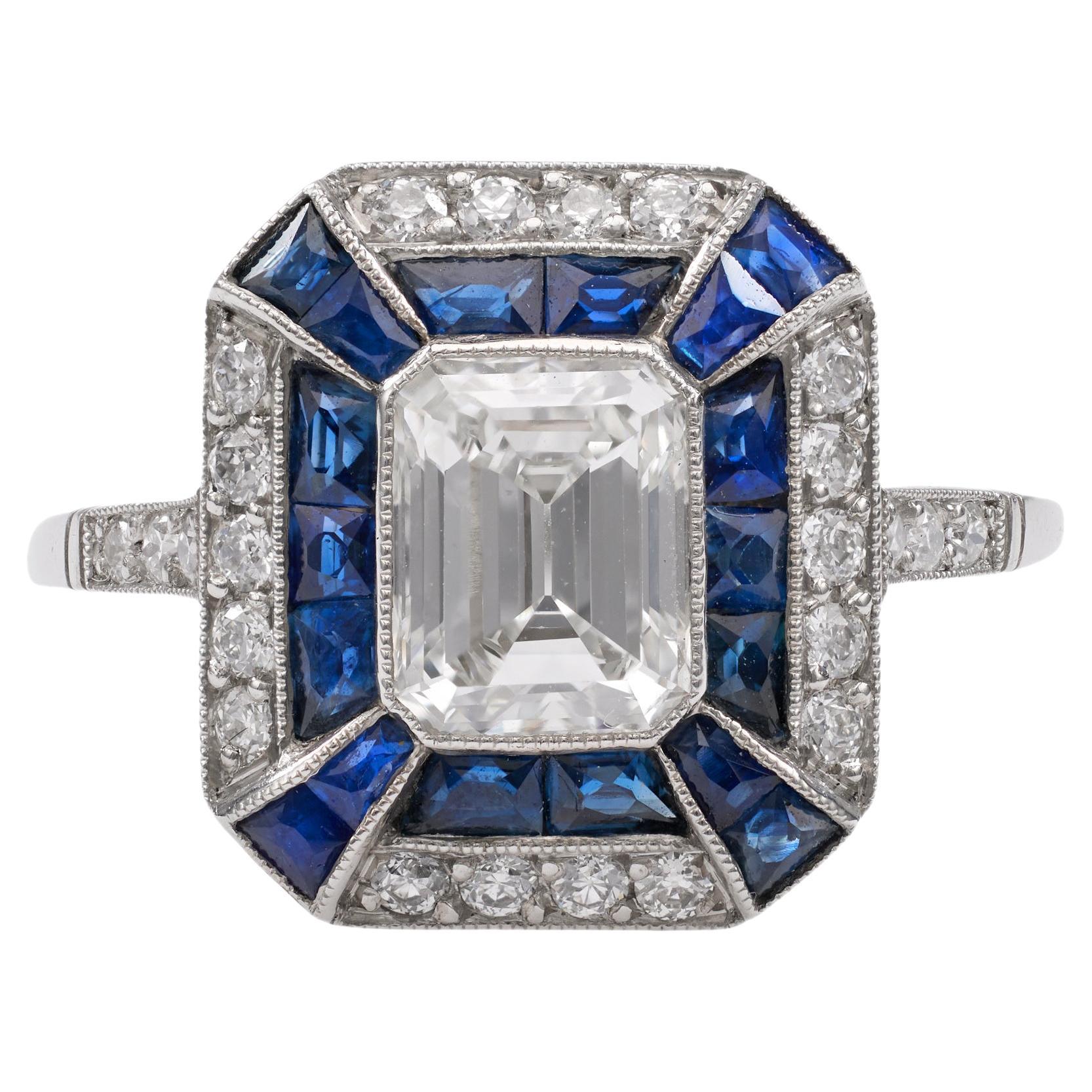Art Deco Inspired 1.06 Carat Emerald Cut Diamond Sapphire Platinum Ring For Sale