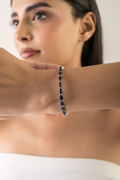 Art Deco Inspired 10.78Ct Blue Sapphire & Diamond Tennis Bracelet 14K White Gold