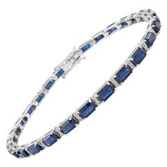 Art Deco Inspired 10.78Ct Blue Sapphire & Diamond Tennis Bracelet 18K White Gold