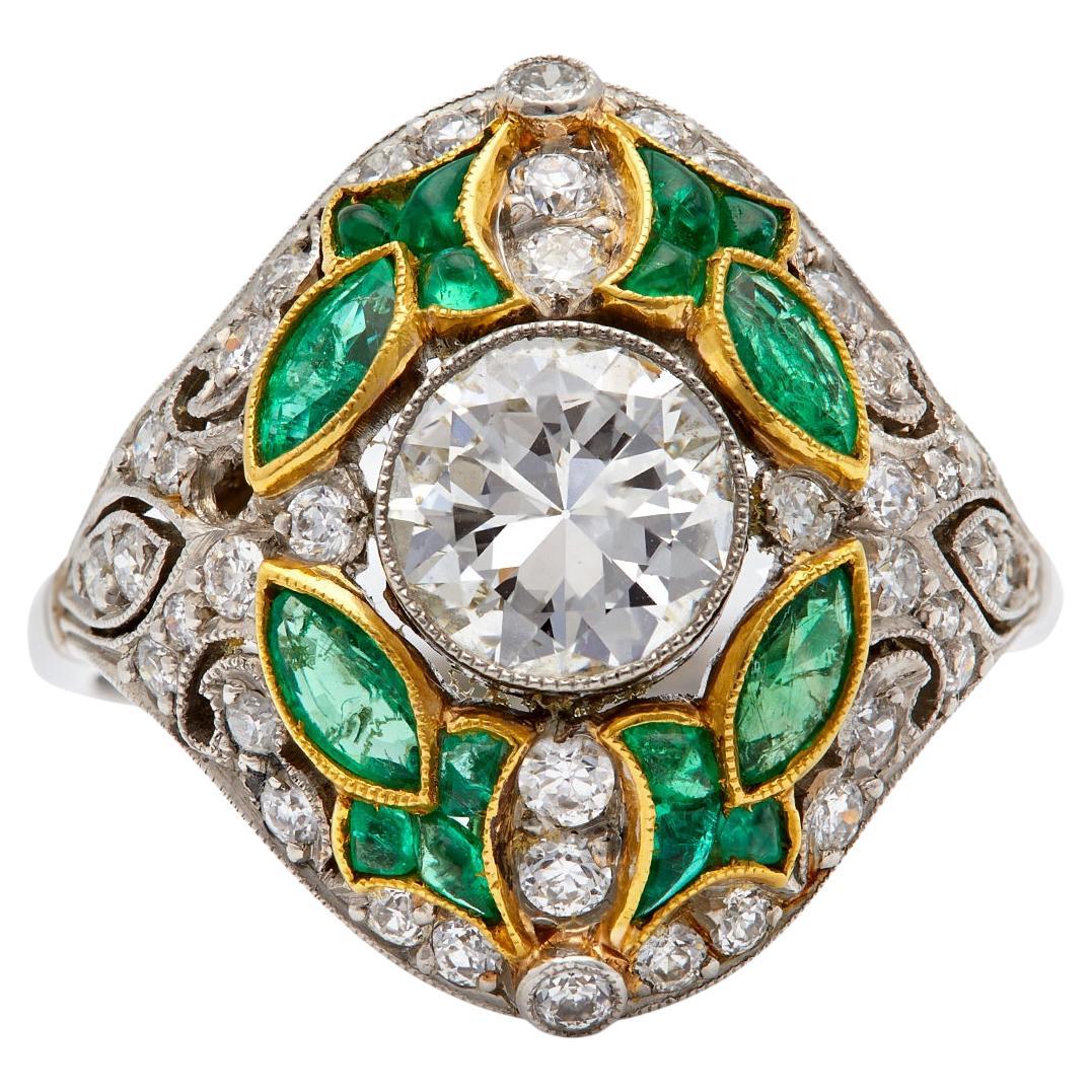 Art Deco Inspired 1.08 Carat Diamond and Emerald Platinum Filigree Ring For Sale