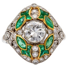 Art Deco Inspired 1.08 Carat Diamond and Emerald Platinum Filigree Ring