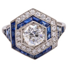 Art Deco Inspired 1.09 Carat Old European Cut Diamond Sapphire Platinum Ring