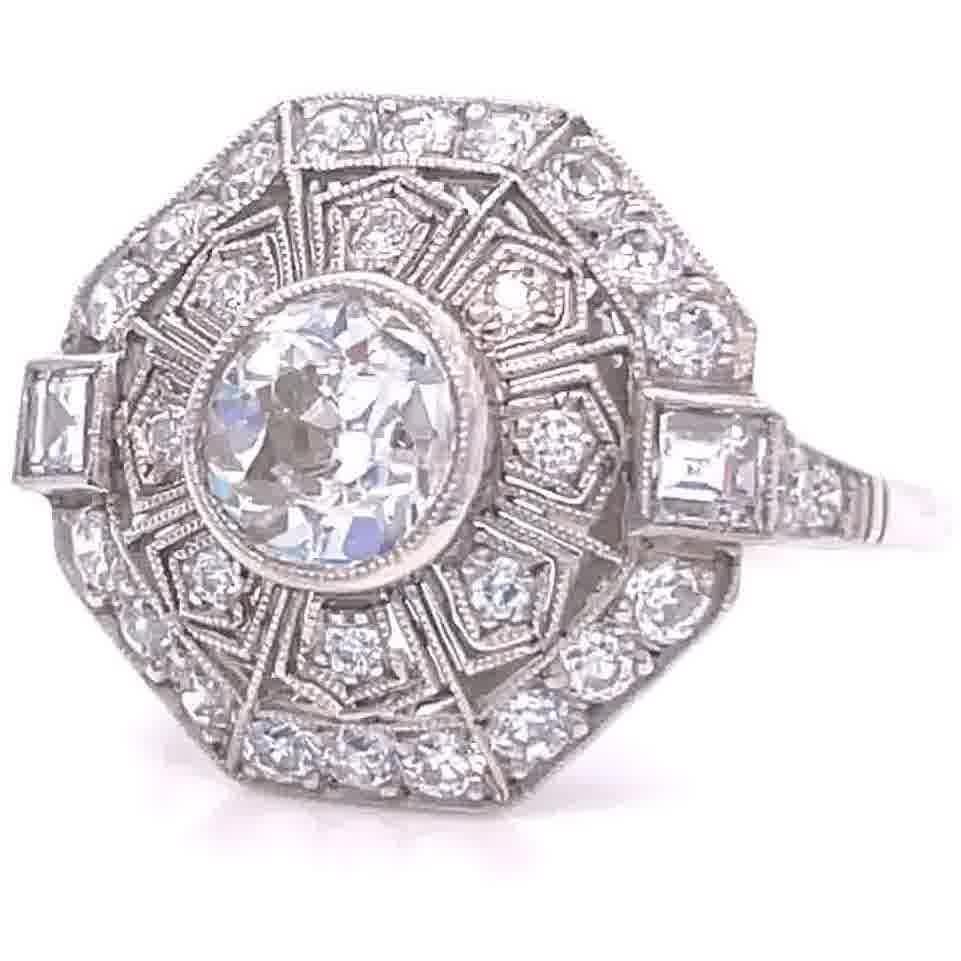 Women's Art Deco Inspired 1.11 Carat Old European Cut Diamond Platinum Engagement Ring