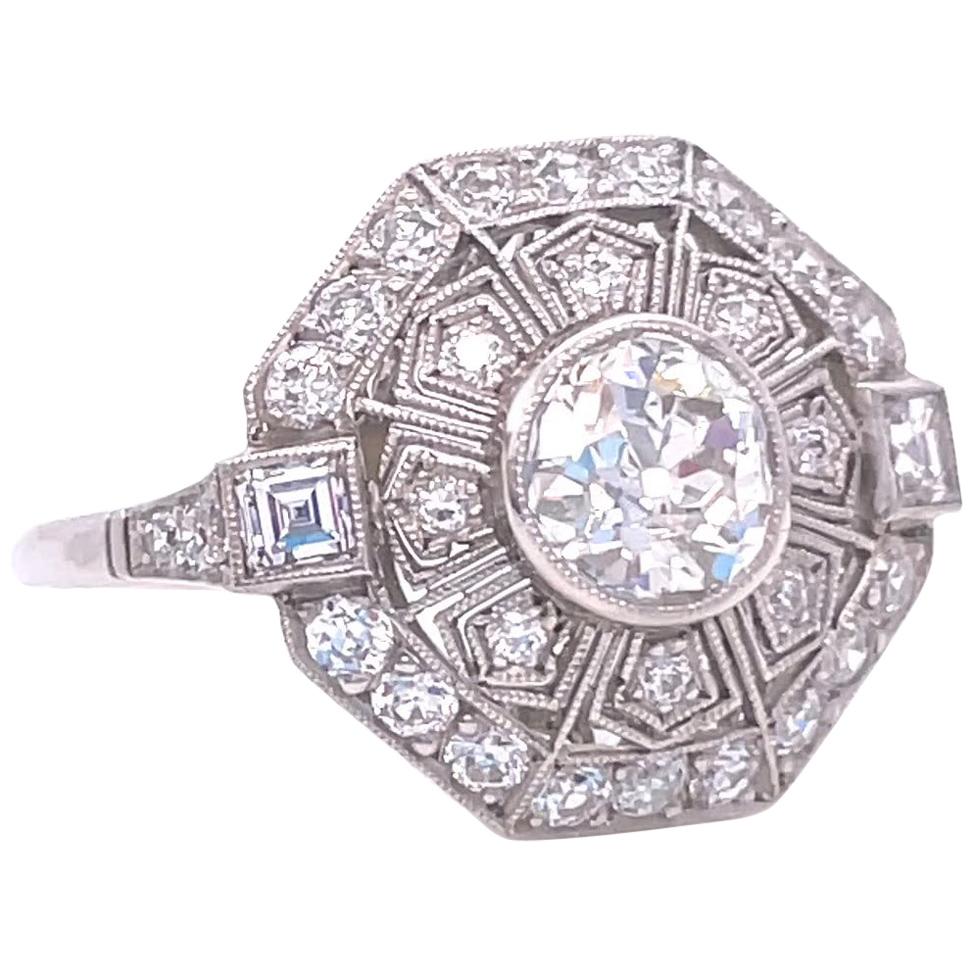 Art Deco Inspired 1.11 Carat Old European Cut Diamond Platinum Engagement Ring