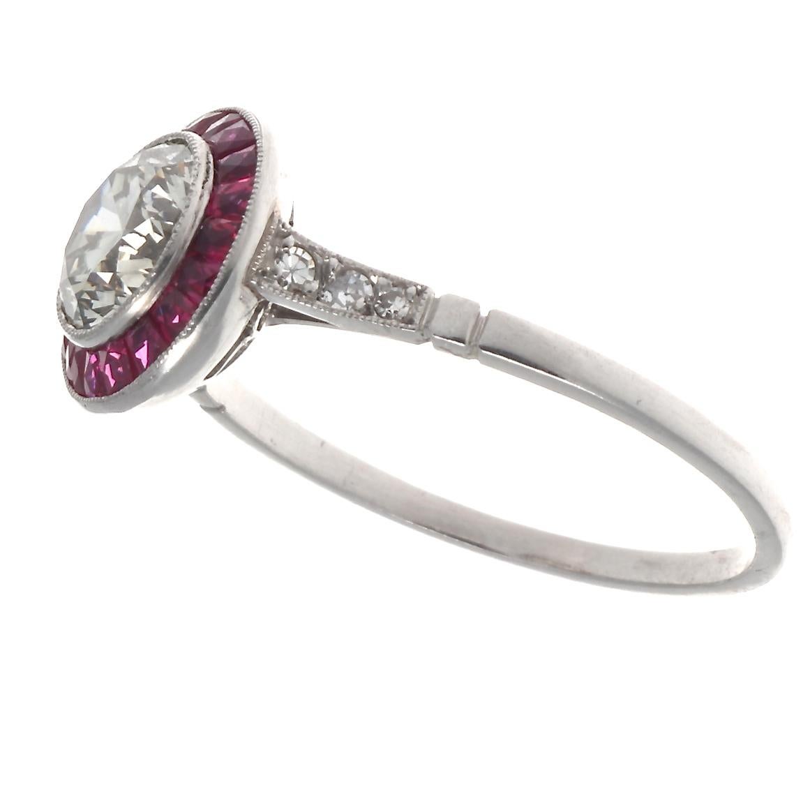Old European Cut Art Deco Inspired 1.12 Carat Diamond Ruby Platinum Target Ring