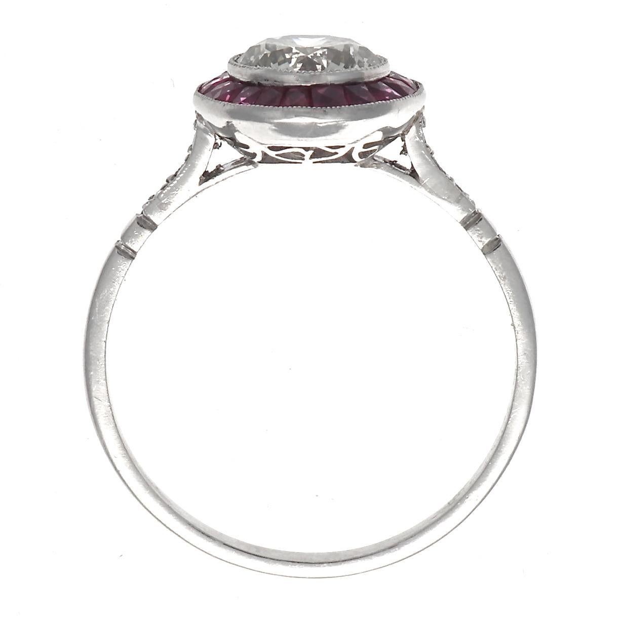 Old European Cut Art Deco Inspired 1.12 Carat Diamond Ruby Platinum Target Ring