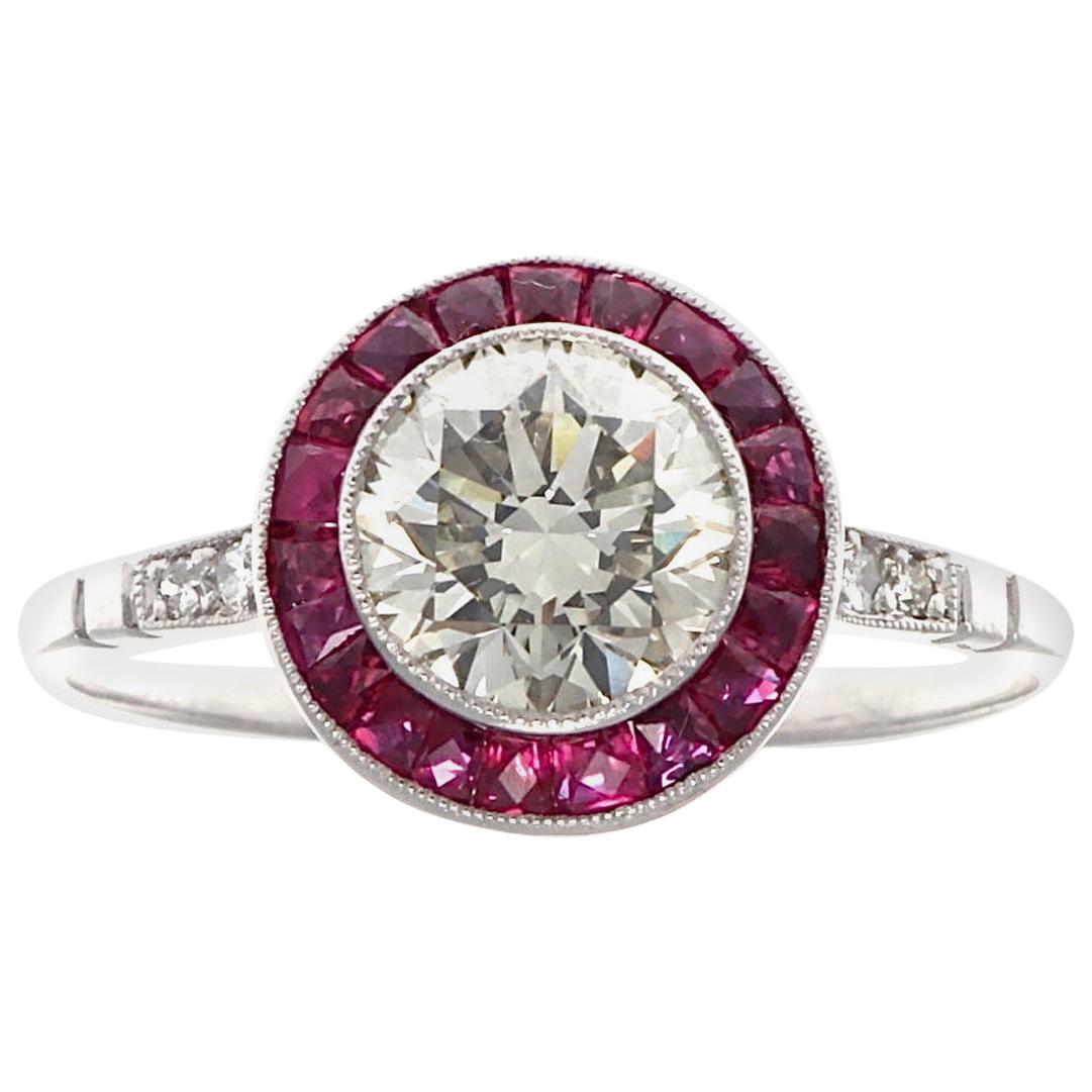 Art Deco Inspired 1.12 Carat Diamond Ruby Platinum Target Ring