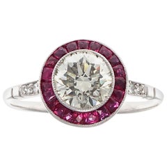 Art Deco Inspired 1.12 Carat Diamond Ruby Platinum Target Ring