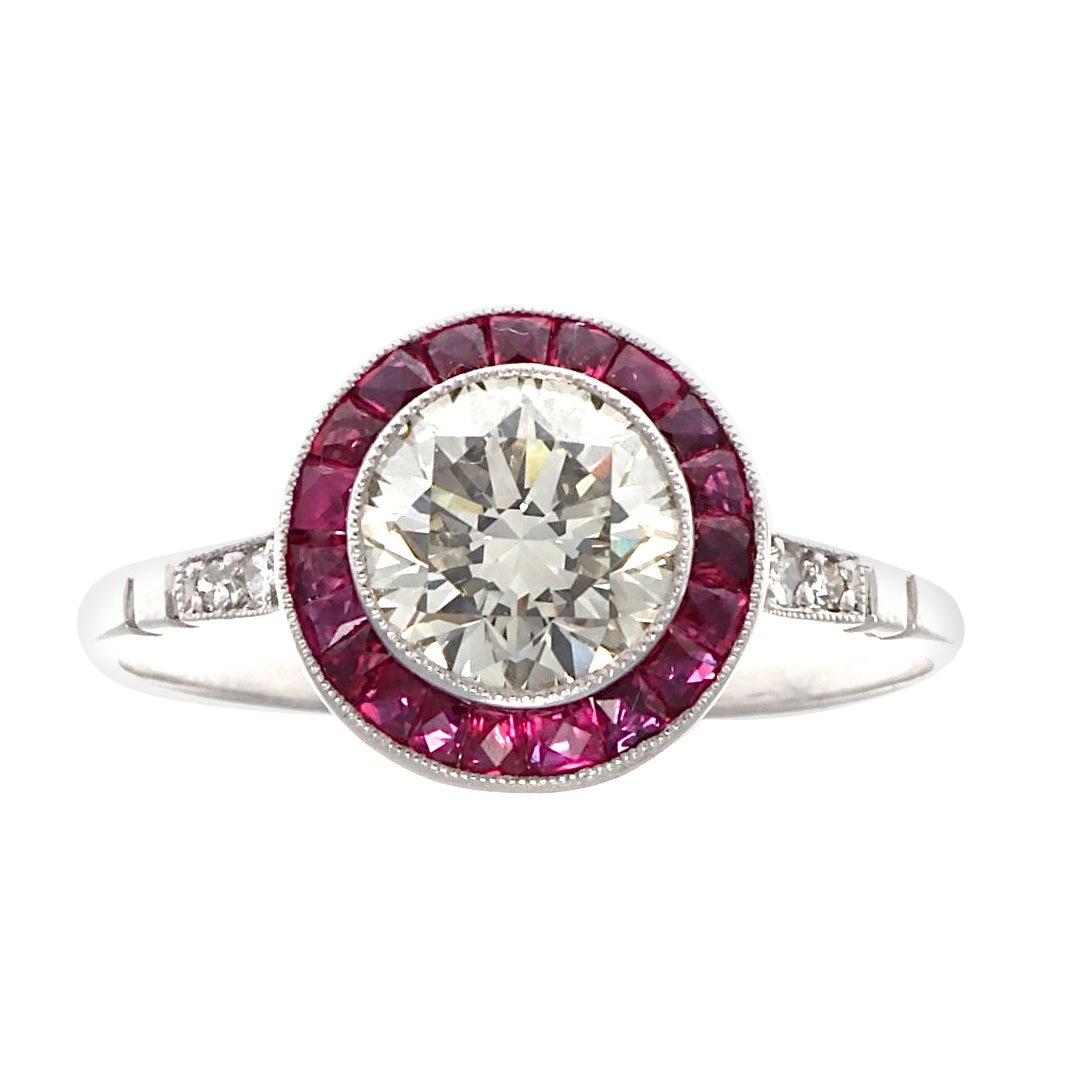 Art Deco Inspired 1.12 Carat Diamond Ruby Platinum Target Ring