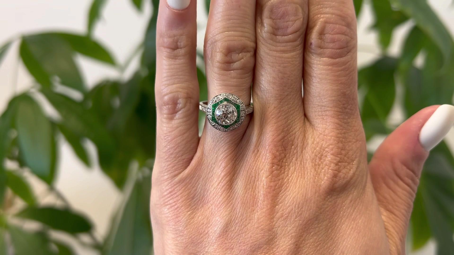 Art Deco Inspired 1.13 Carat Old European Cut Diamond and Emerald Platinum Ring In Excellent Condition In Beverly Hills, CA
