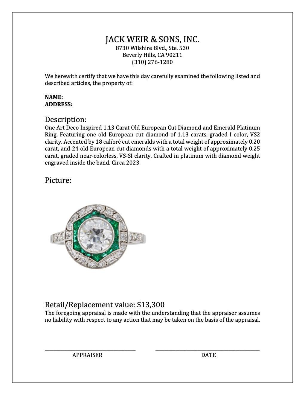 Art Deco Inspired 1.13 Carat Old European Cut Diamond and Emerald Platinum Ring 2