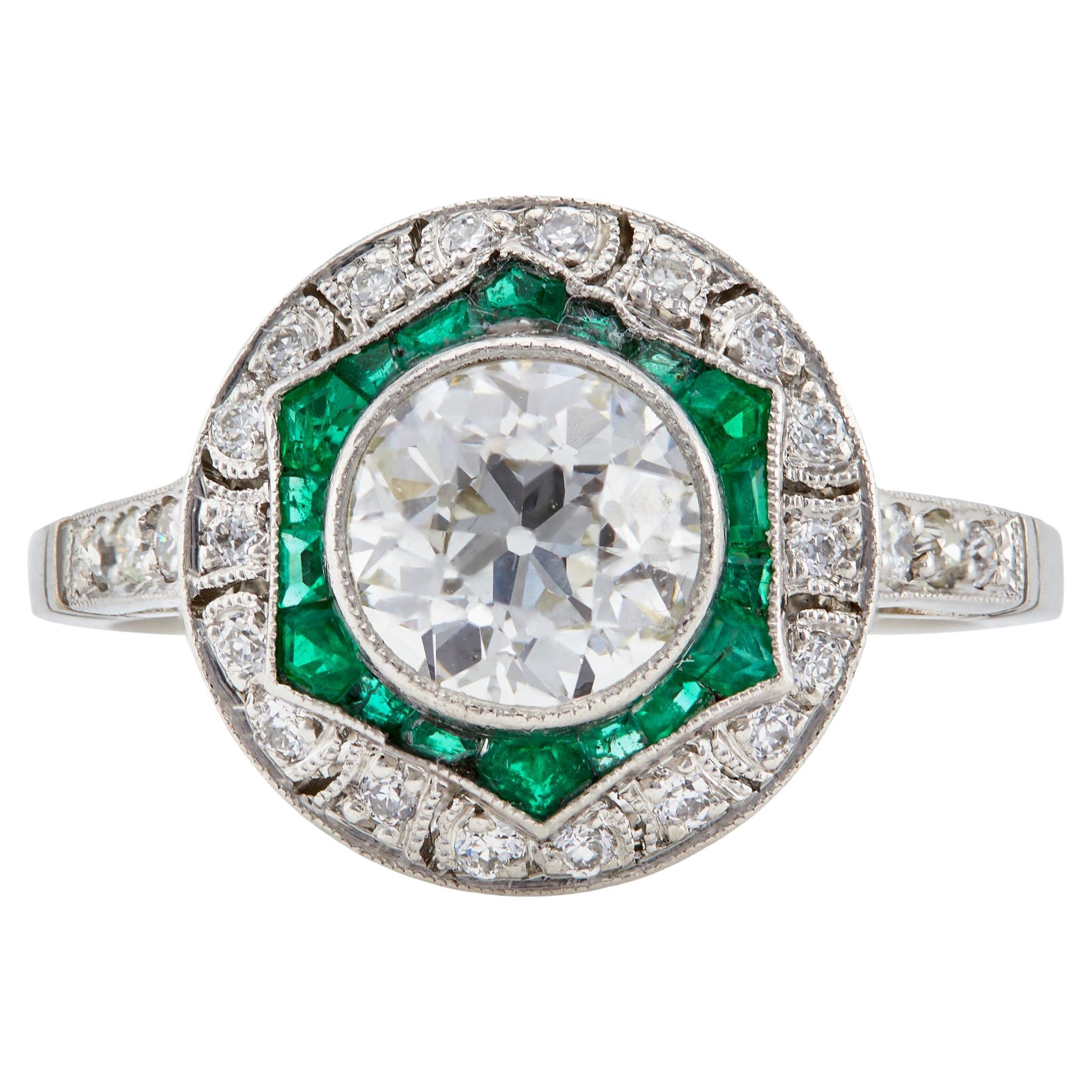 Art Deco Inspired 1.13 Carat Old European Cut Diamond and Emerald Platinum Ring