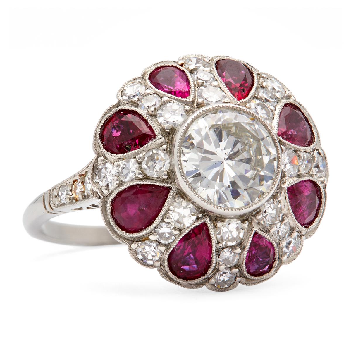 Women's or Men's Art Deco Inspired 1.19 Carat Diamond and Ruby Platinum Filigree Ring For Sale