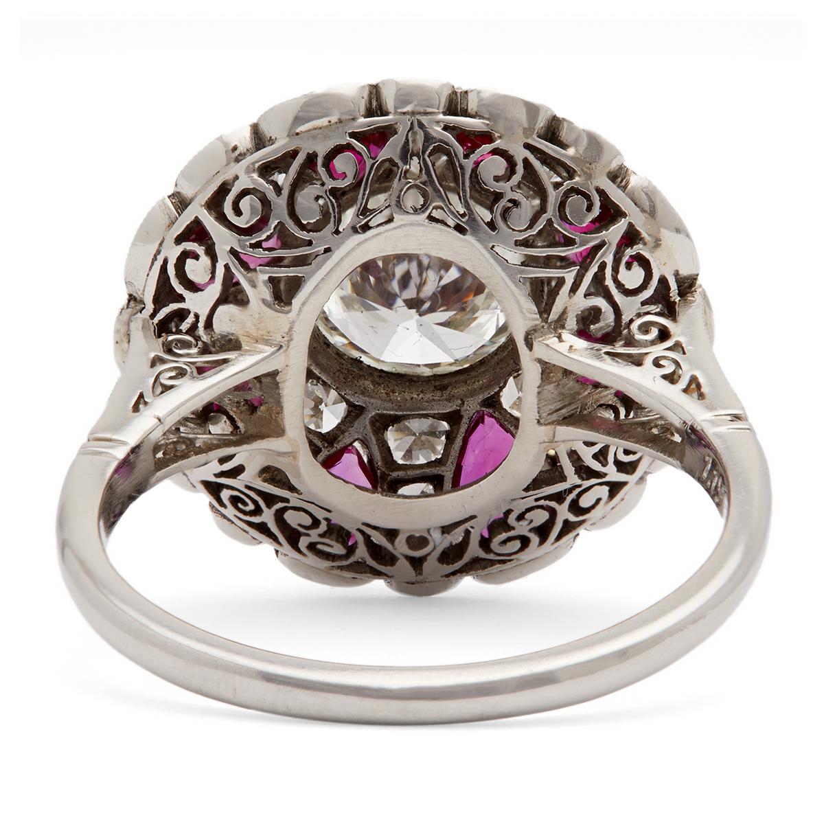 Art Deco Inspired 1.19 Carat Diamond and Ruby Platinum Filigree Ring For Sale 1