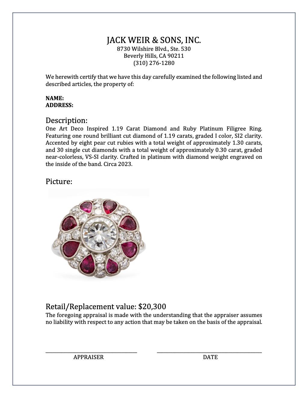 Art Deco Inspired 1.19 Carat Diamond and Ruby Platinum Filigree Ring For Sale 2