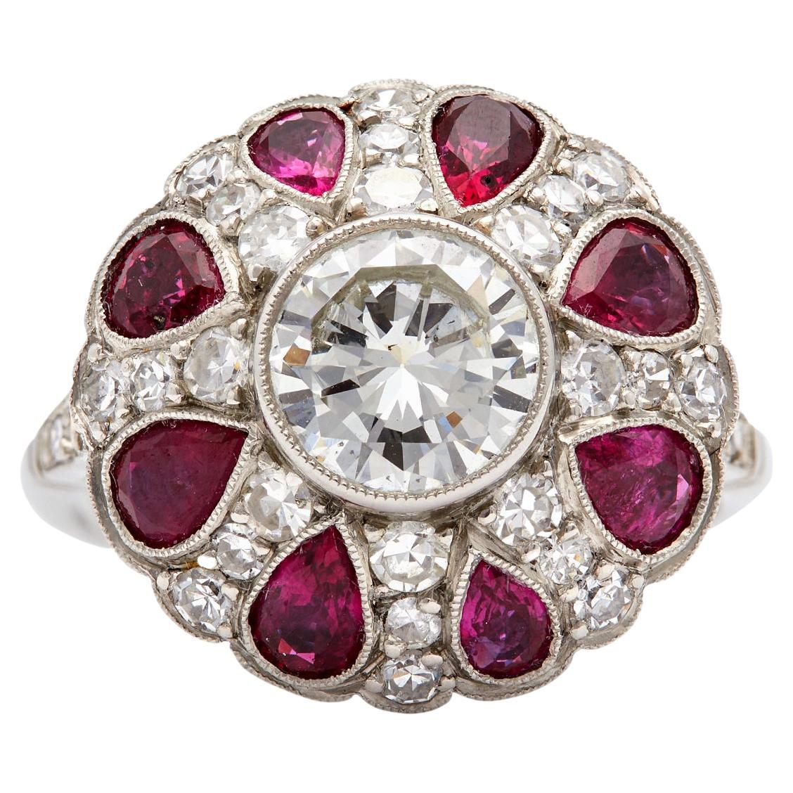 Art Deco Inspired 1.19 Carat Diamond and Ruby Platinum Filigree Ring For Sale