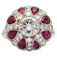 Art Deco Inspired 1.19 Carat Diamond and Ruby Platinum Filigree Ring