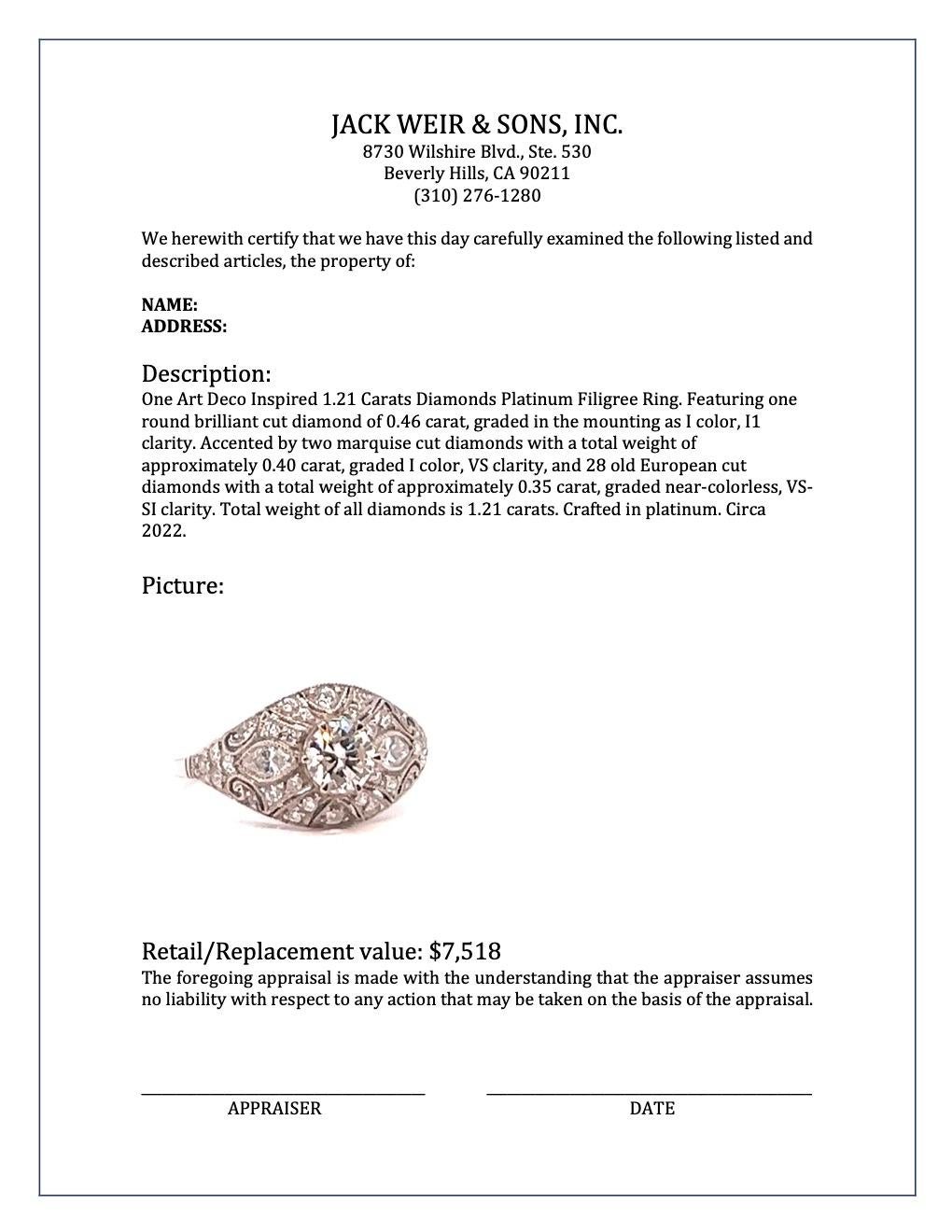Art Deco Inspired 1.21 Carats Diamonds Platinum Filigree Ring For Sale 2
