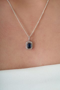 Art Deco inspired 1.21ct Blue Sapphire & Diamond Halo Pendant in 14K White Gold