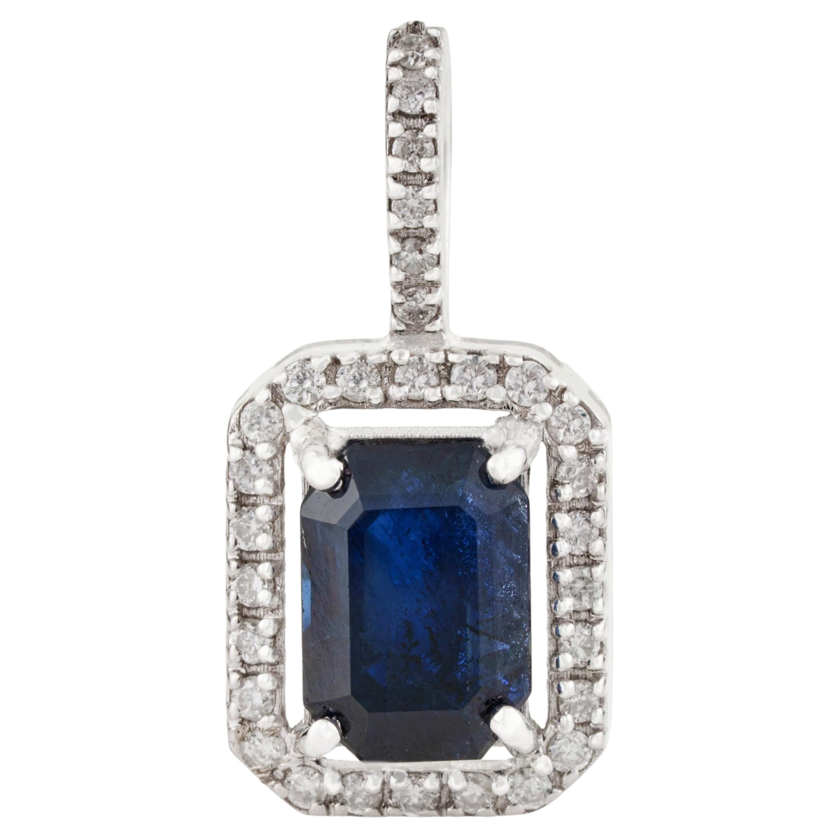 Art Deco inspired 1.21ct Blue Sapphire & Diamond Halo Pendant in 14K White Gold