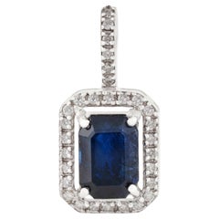 Art Deco inspired 1.21ct Blue Sapphire & Diamond Halo Pendant in 14K White Gold