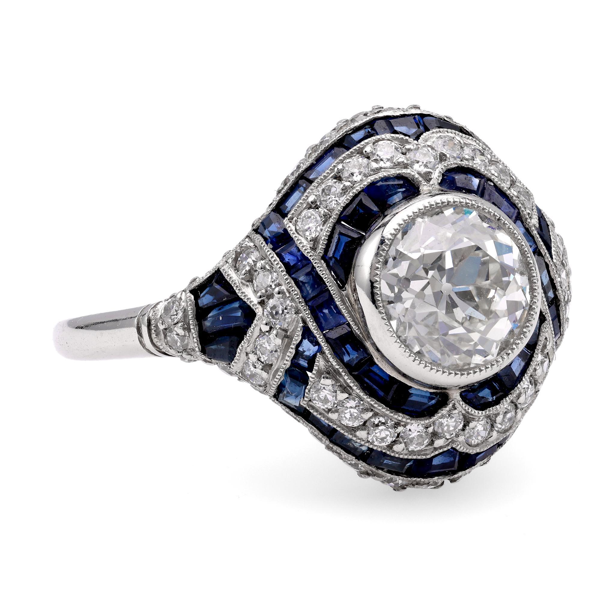 Old European Cut Art Deco Inspired 1.22 Carat Diamond Sapphire Platinum Ring For Sale