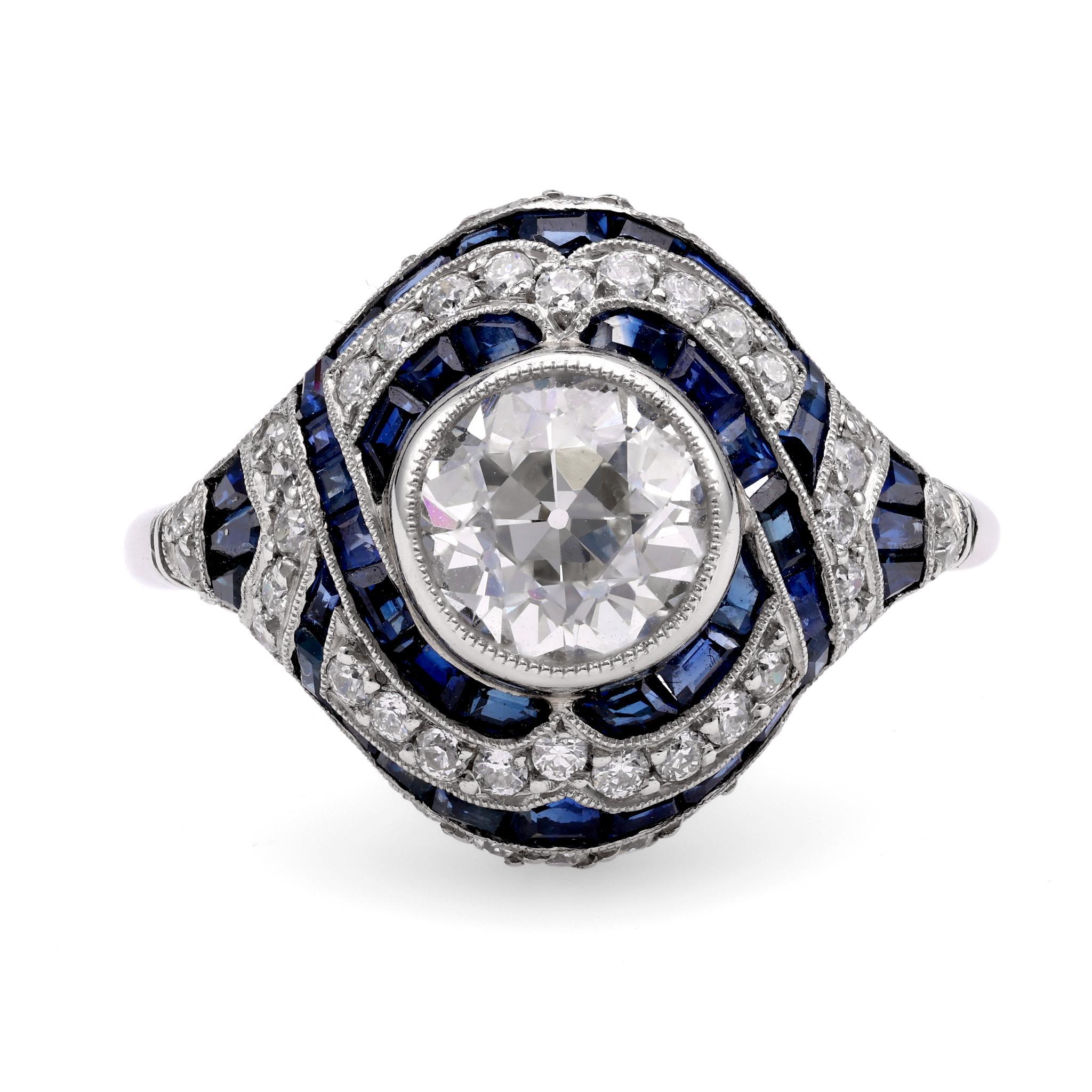 Anillo de Platino con Zafiro y Diamantes de 1.22 Quilates Inspirado en el Art Decó