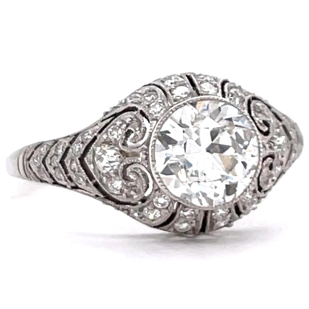 Women's or Men's Art Deco Inspired 1.22 Carat Old European Cut Diamond Platinum Engagement Ring