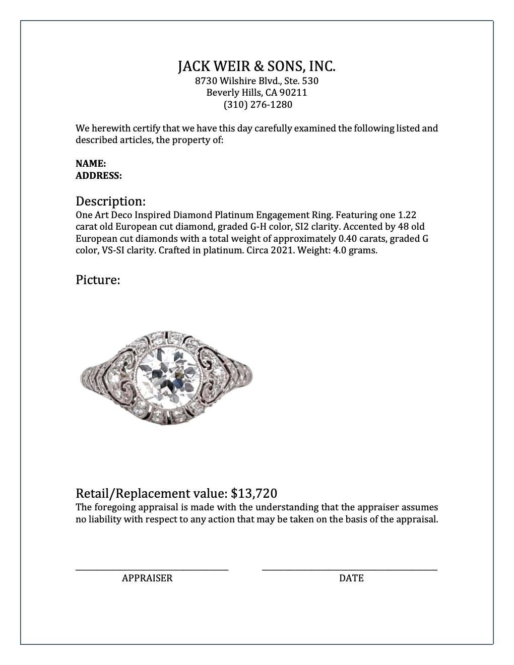 Art Deco Inspired 1.22 Carat Old European Cut Diamond Platinum Engagement Ring 3