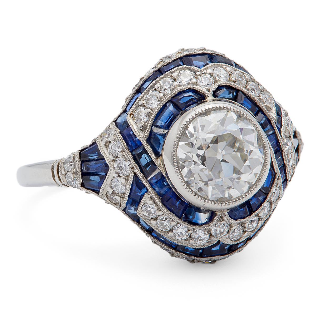 Art Deco Inspired 1.22 Carats Old European Cut Diamond Sapphire Platinum Ring For Sale 1