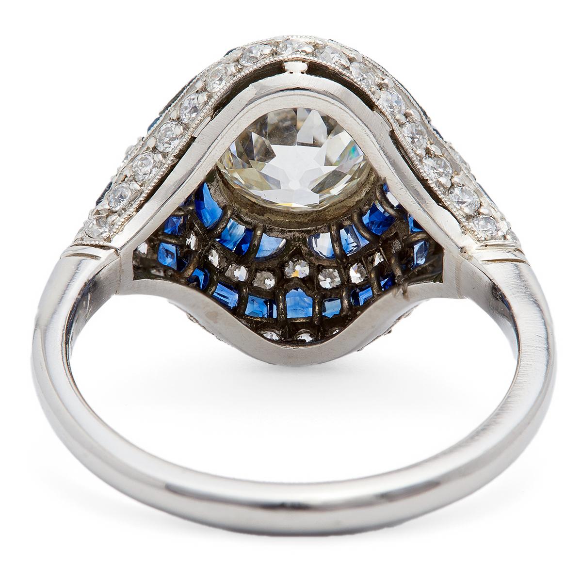 Art Deco Inspired 1.22 Carats Old European Cut Diamond Sapphire Platinum Ring For Sale 2