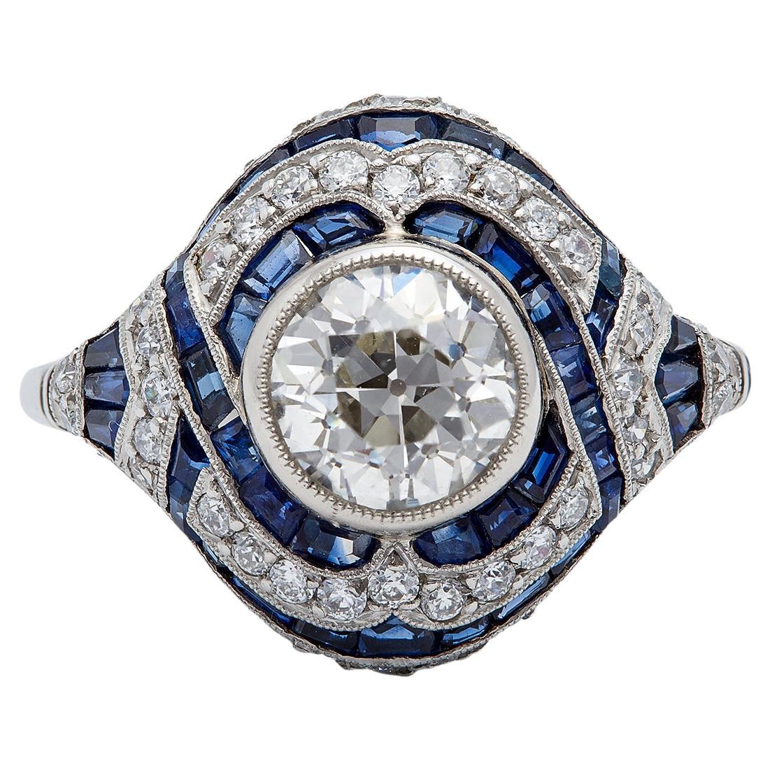Art Deco Inspired 1.22 Carats Old European Cut Diamond Sapphire Platinum Ring