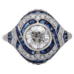 Art Deco Inspired 1.22 Carats Old European Cut Diamond Sapphire Platinum Ring
