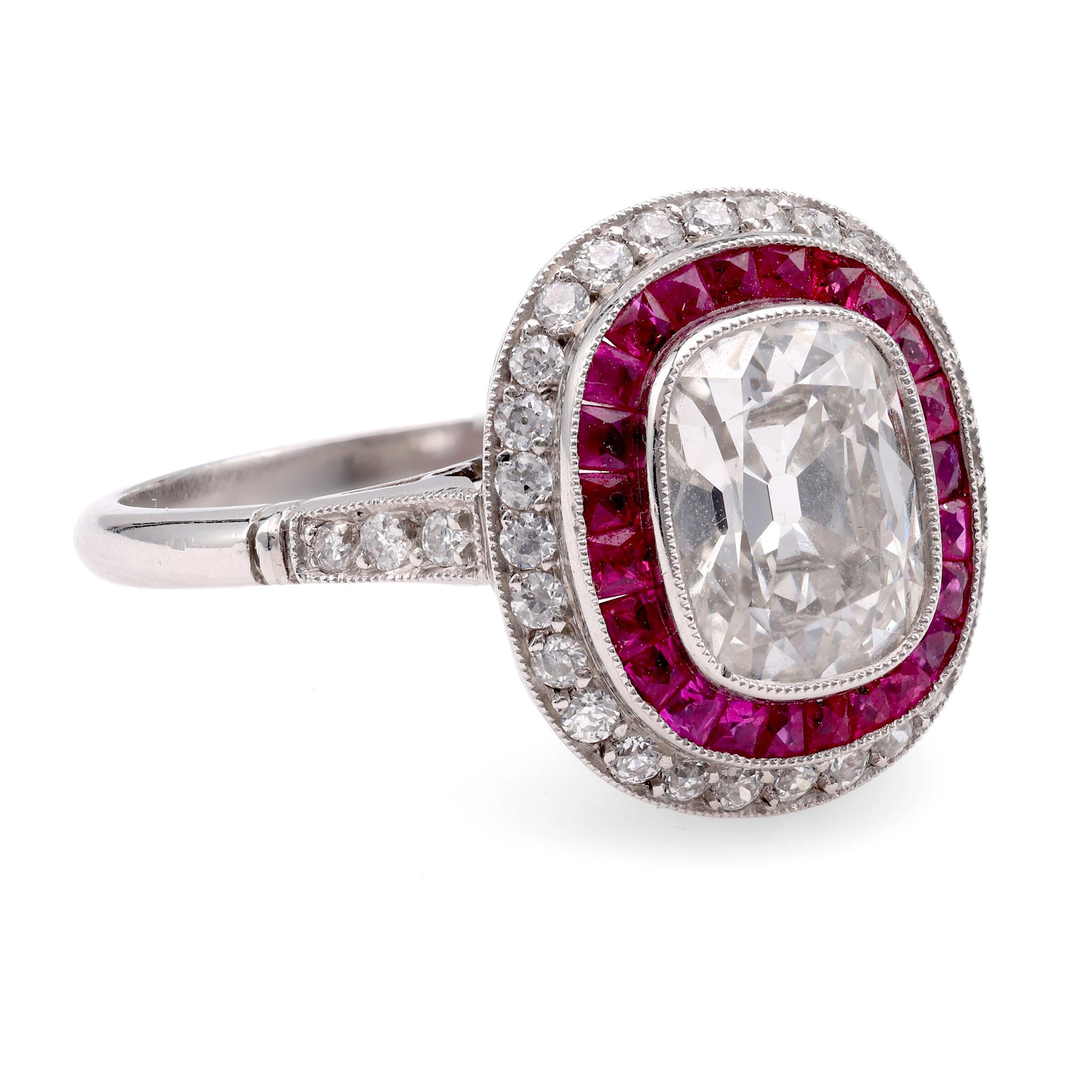 Art Deco inspirierter 1,24 Karat Diamant Rubin Platin target-Ring (Art déco) im Angebot