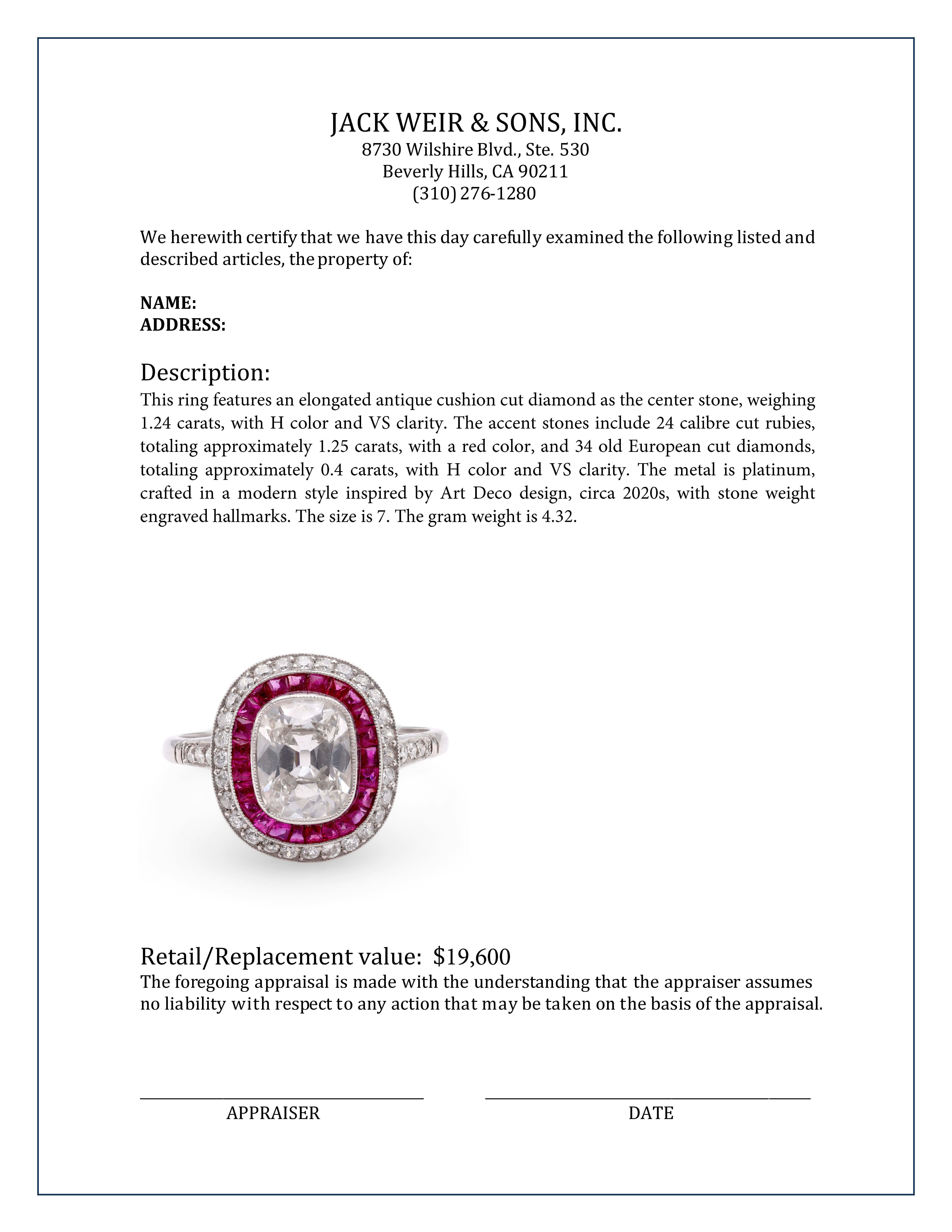 Art Deco inspirierter 1,24 Karat Diamant Rubin Platin target-Ring (Antiker Kissenschliff) im Angebot