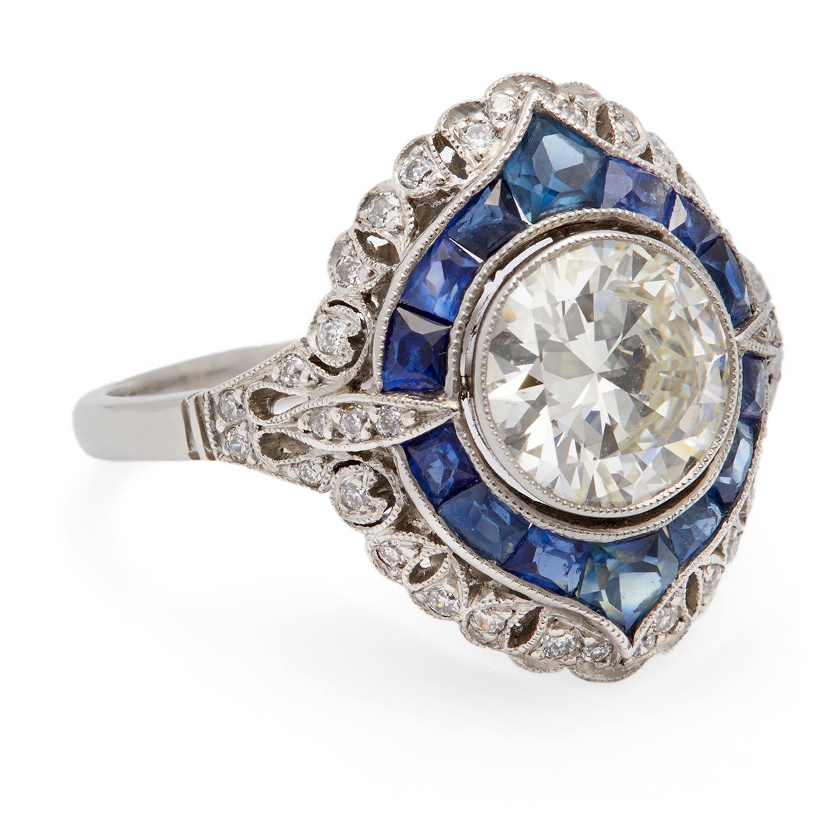 Brilliant Cut Art Deco Inspired 1.30 Carat Round Brilliant Diamond Sapphire Platinum Ring For Sale