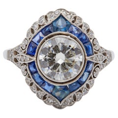 Art Deco Inspired 1.30 Carat Round Brilliant Diamond Sapphire Platinum Ring