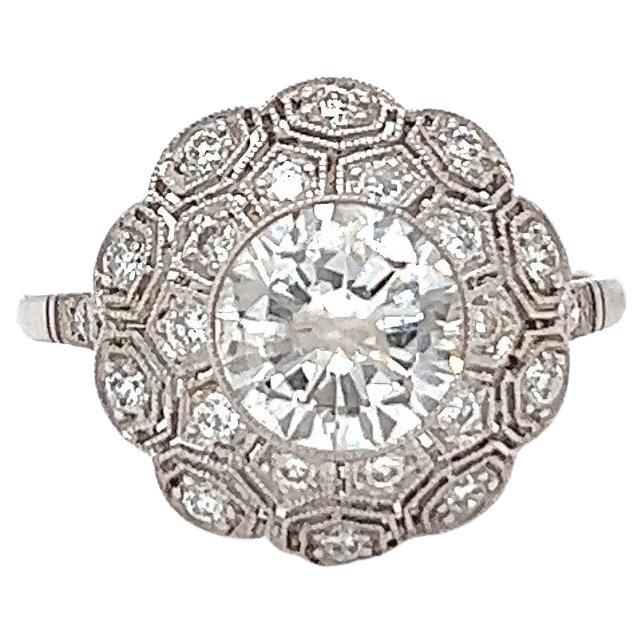 Art Deco Inspired 1.32 Carat Round Cut Diamond Platinum Filigree