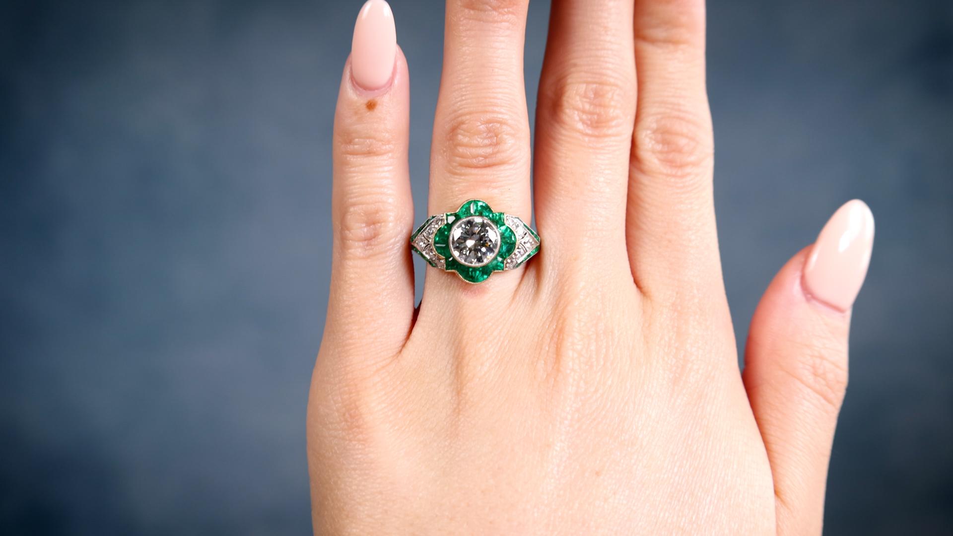 Brilliant Cut Art Deco Inspired 1.32 Carat Transitional Cut Diamond Emerald Platinum Ring For Sale