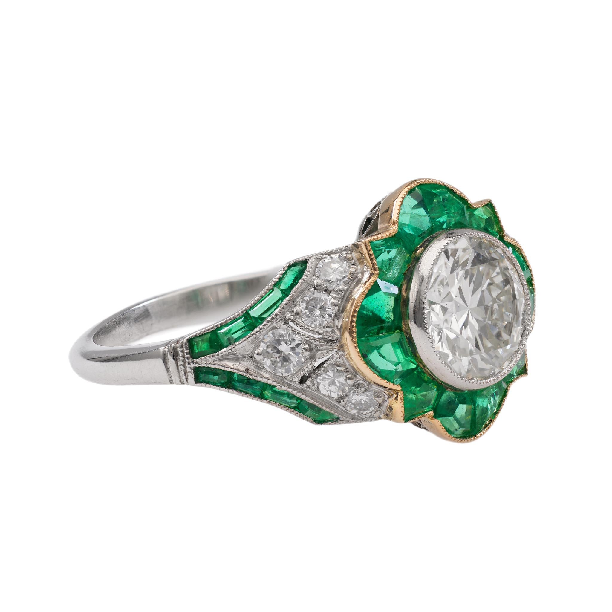 Women's or Men's Art Deco Inspired 1.32 Carat Transitional Cut Diamond Emerald Platinum Ring For Sale