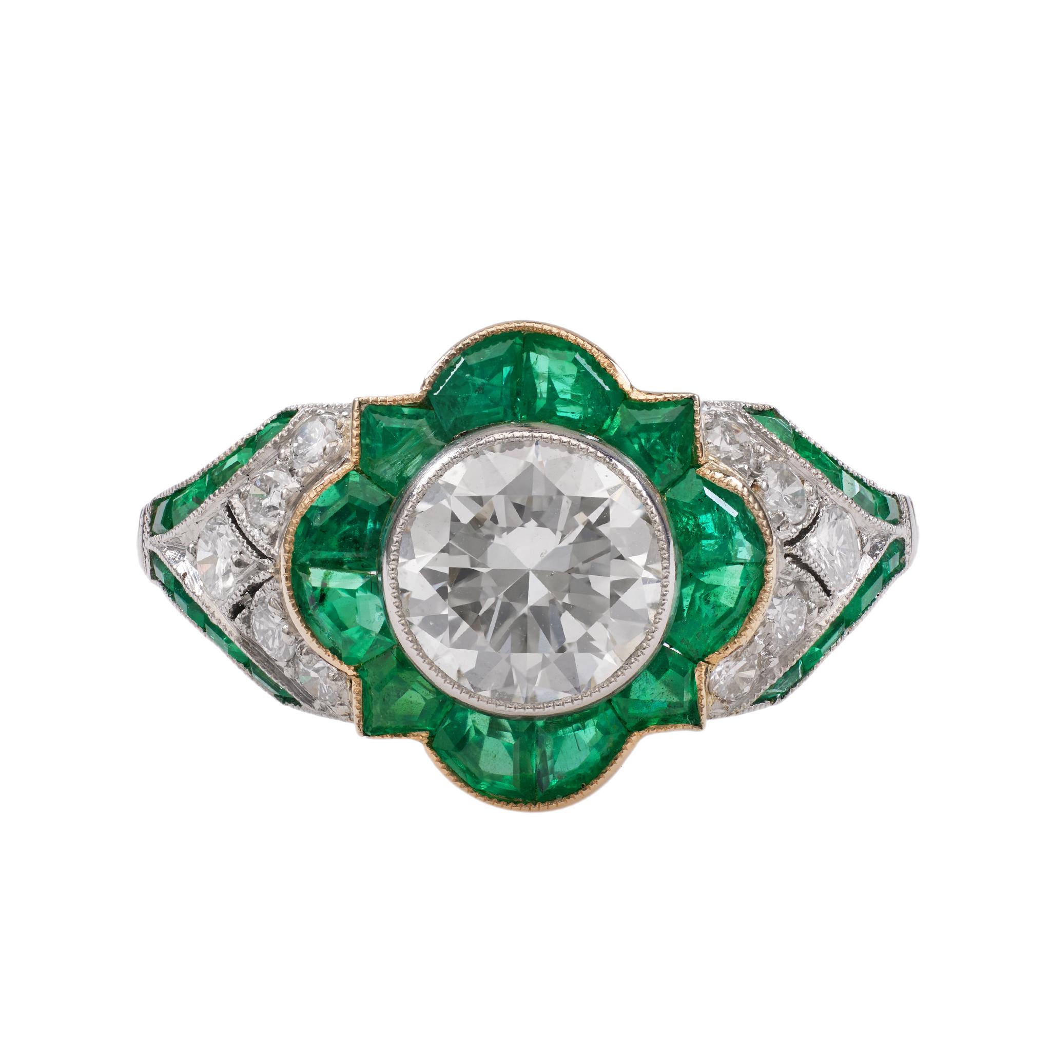 Art Deco Inspired 1.32 Carat Transitional Cut Diamond Emerald Platinum Ring For Sale