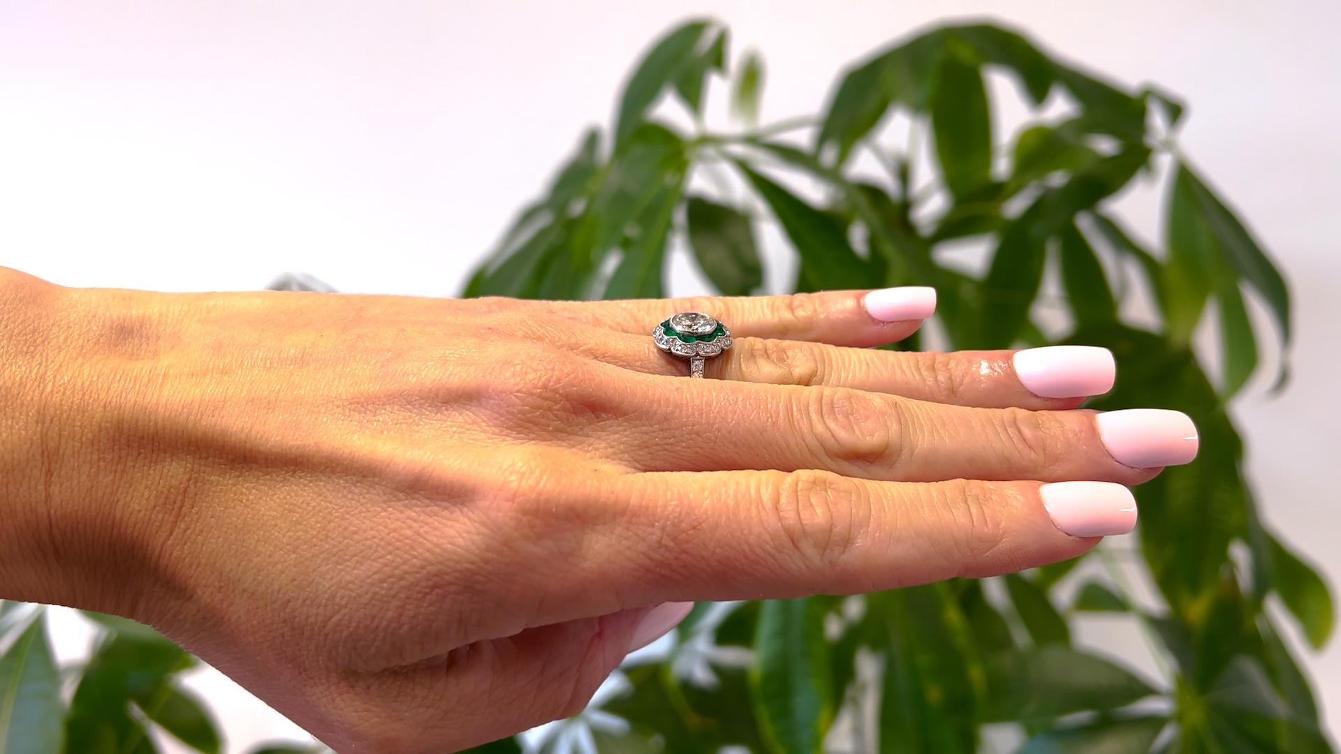 Women's or Men's Art Deco Inspired 1.33 Carat Round Brilliant Cut Diamond Emerald Platinum Ring
