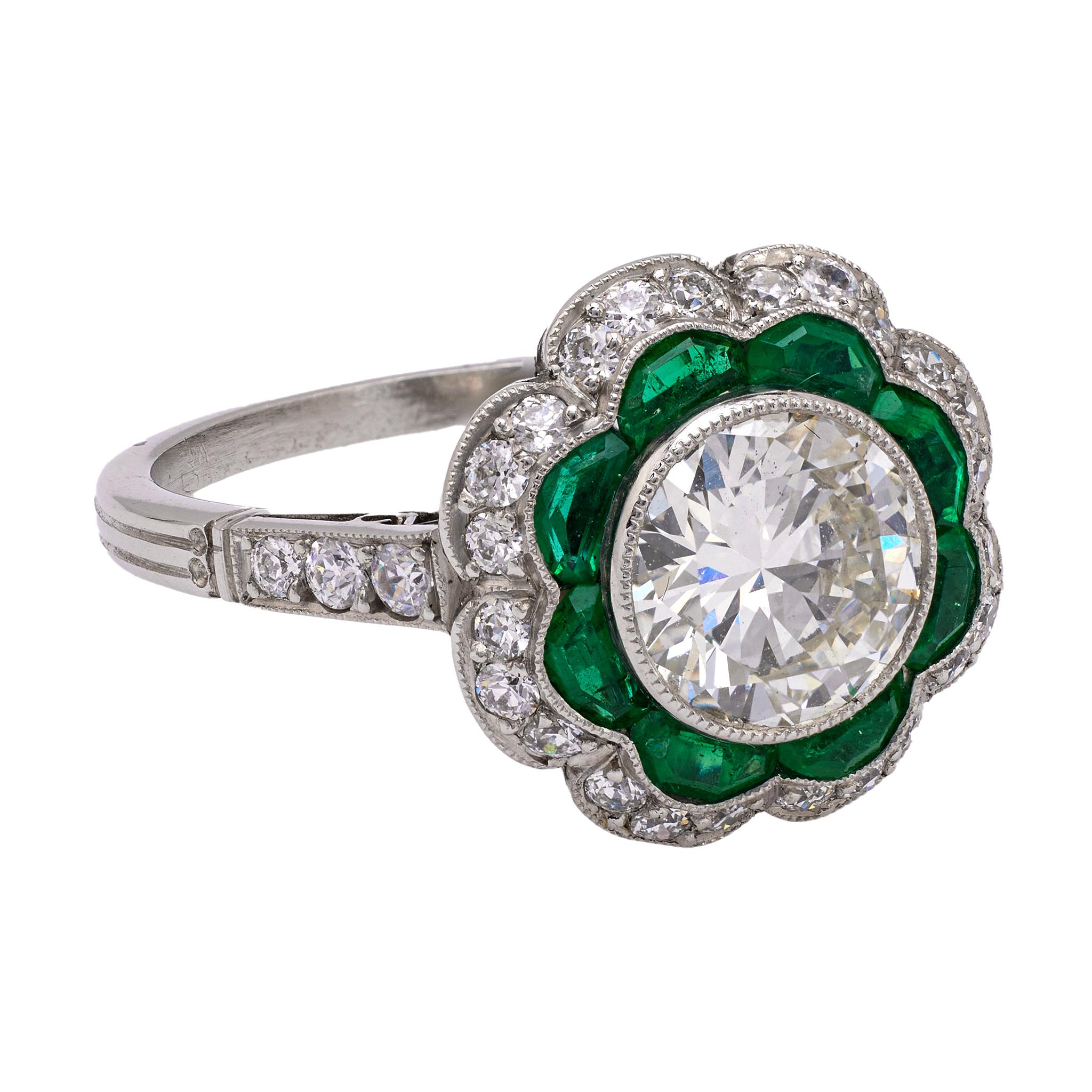 Art Deco Inspired 1.33 Carat Round Brilliant Cut Diamond Emerald Platinum Ring 1